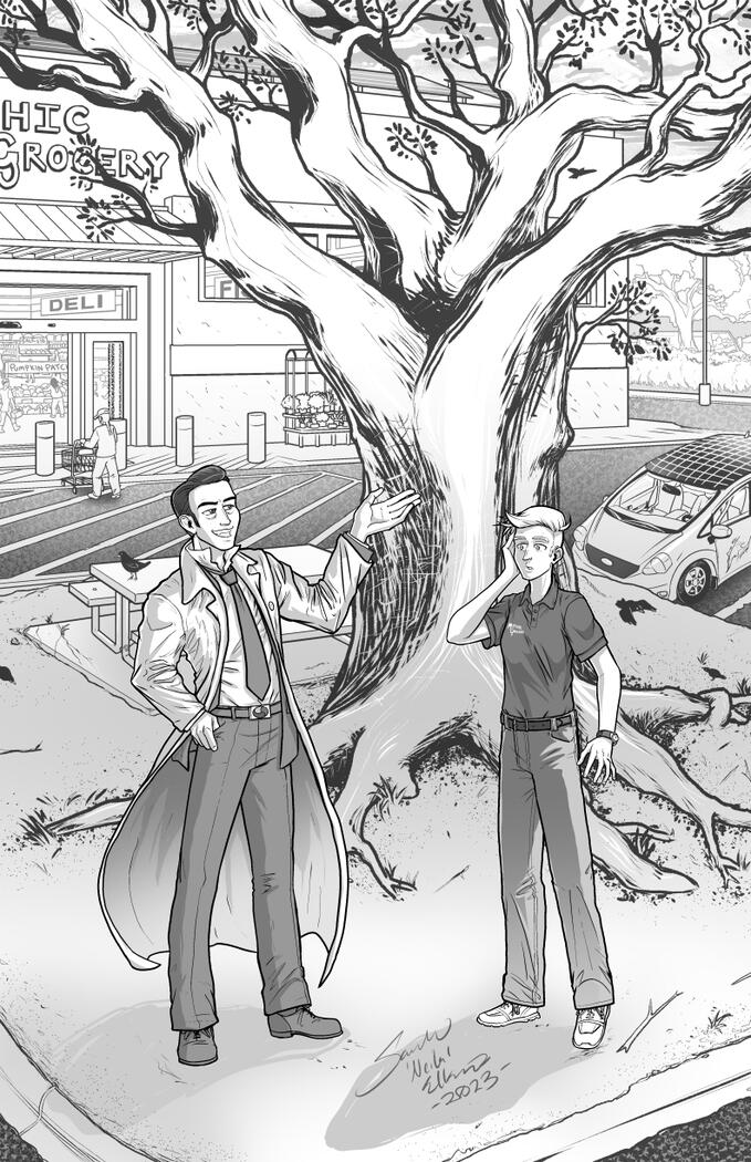 Digital illustration of two characters standing under an old tree in a grocery store parking lot. On the left is a tall Asian man with slicked back hair and a grin. He wears a suit and tie under a long trench coat and is talking with one hand in the air. T