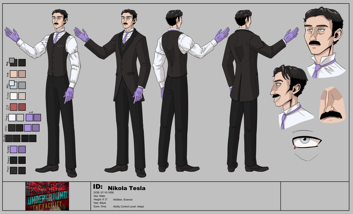 Character design sheet for Nikola Tesla from my novel series Psychic Underground. He's a tall white man with dark hair who wears a suit and tie from the 1800s. He's wearing purple gloves so overall his color palette mimics the asexual pride flag.