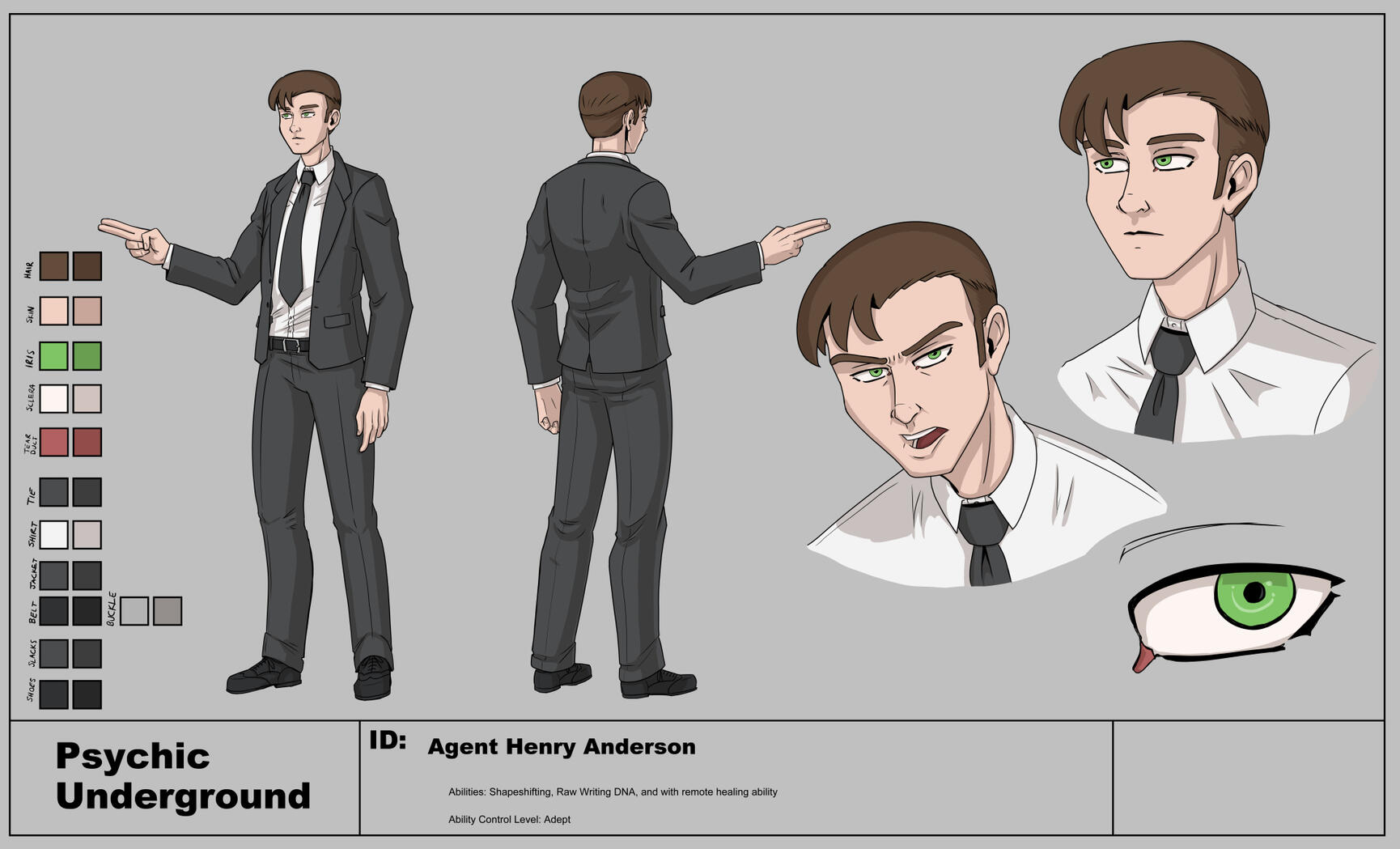 Psychic Underground: Agent Henry Anderson Character Design Sheet Character design sheet for Agent Henry Anderson from my novel series Psychic Underground. He's a pretty plain white guy in a dark suit and tie with bright green eyes and short brown hair.