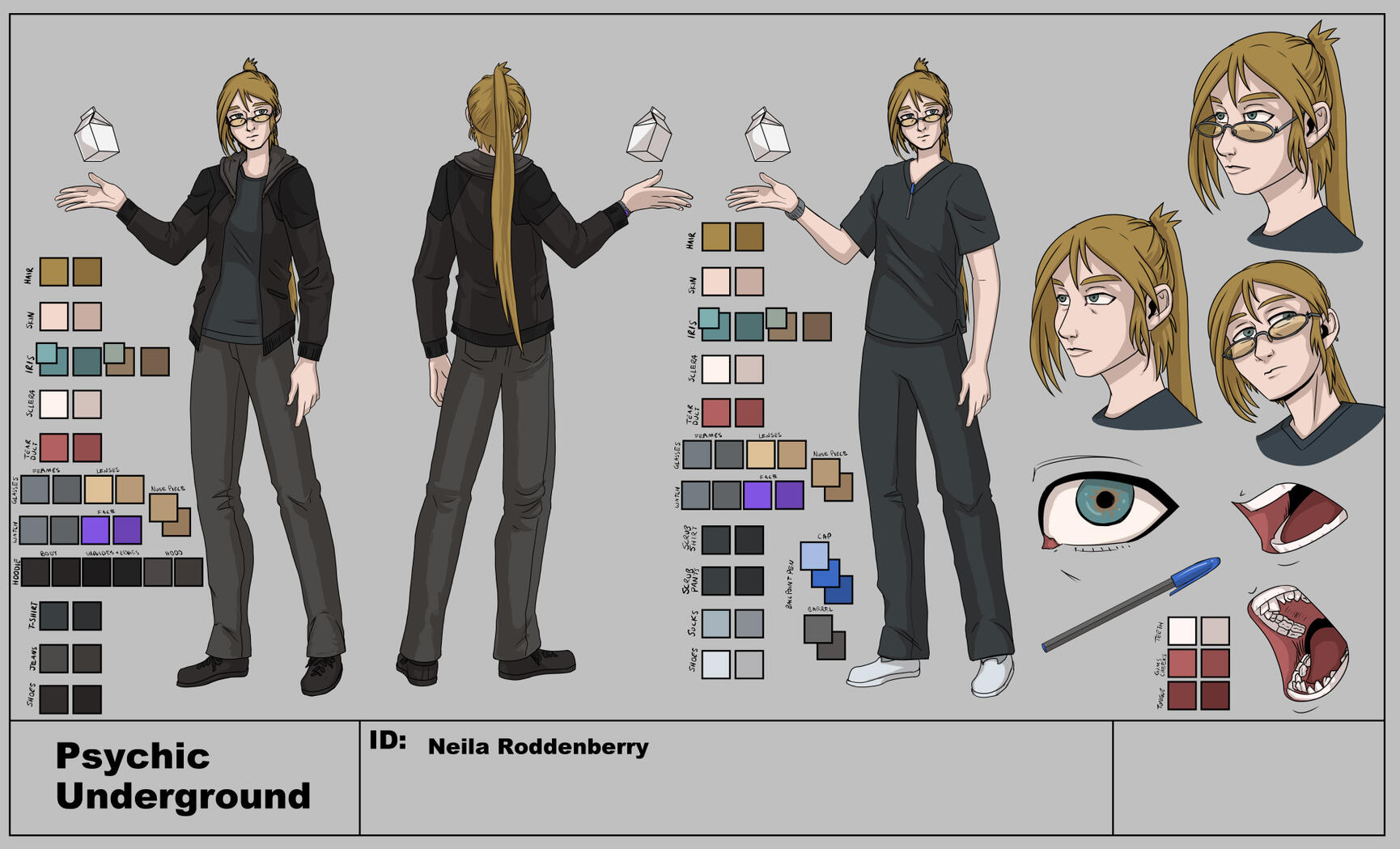 Psychic Underground: Neila Character Design Sheet Character design sheet for the character of Neila from my novel series Psychic Underground. She's a bit disheveled blonde woman with long hair in a messy ponytail and dark clothing who wears glasses.