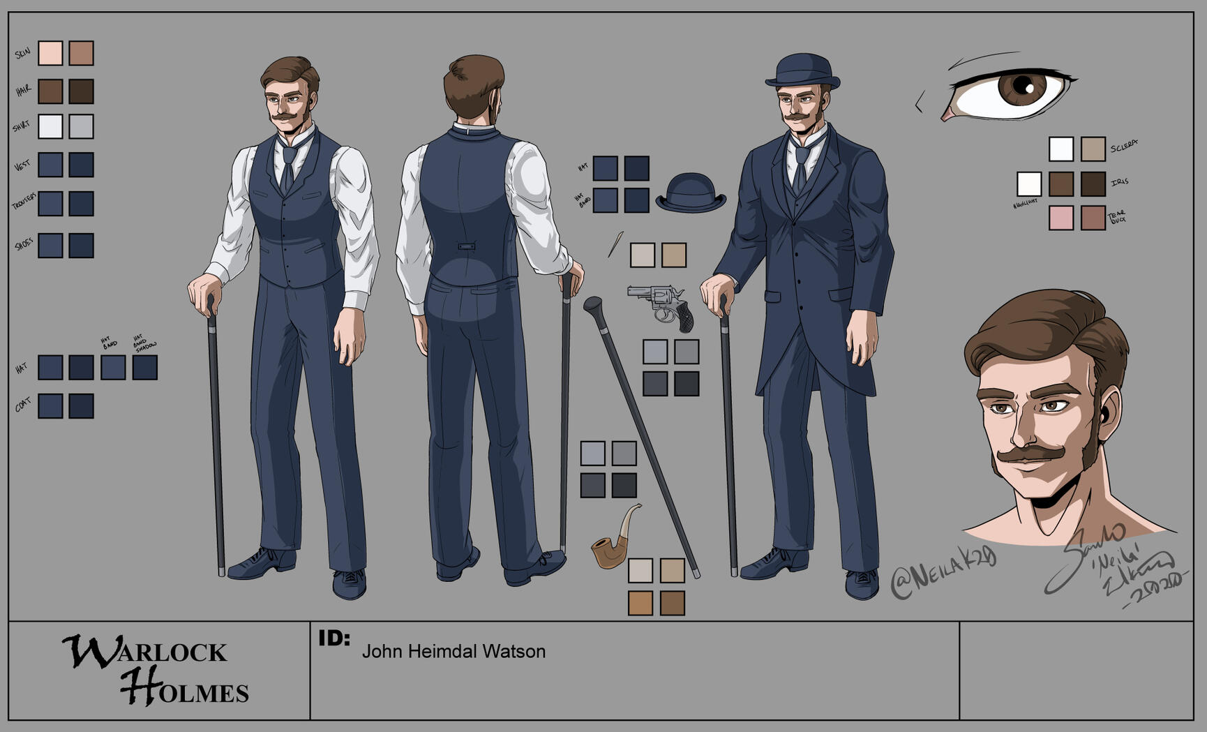 John Heimdal Watson Fanart Character design sheet fanart of John Heimdal Watson from the Warlock Holmes novel series. He's a pretty standard Watson, average white guy British noble looking man with a cane and bowler hat and mustache. Other details include a small revolver.
