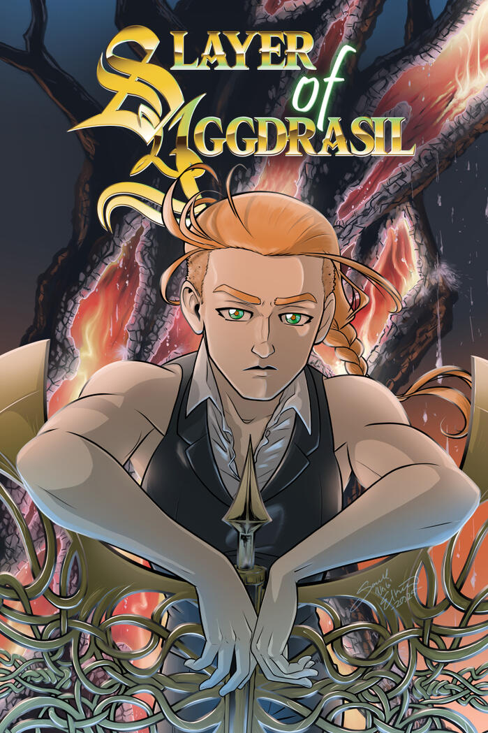 Slayer of Yggdrasil Cover 02 Digital art of a buff woman with strawberry blonde hair in a braid leaning her arms against a gigantic bronze axe made of countless interwoven metal vines. Behind her, a tree burns from the inside out. Text on the image reads "Slayer of Yggdrasil"