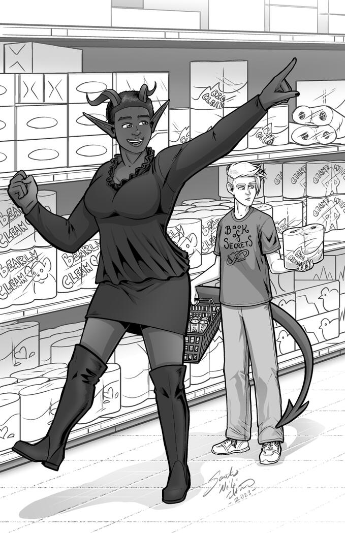 Eterna and Page from Book of CoL: The Ember Child Chapter 03 The toilet tissue aisle of a grocery store. Page Simmons stands, holding a small hand basket and a four pack of toilet paper. They wear a t-shirt that reads "Book of Secrets" and light colored jeans with tennis shoes. A long forked tail curls around them a
