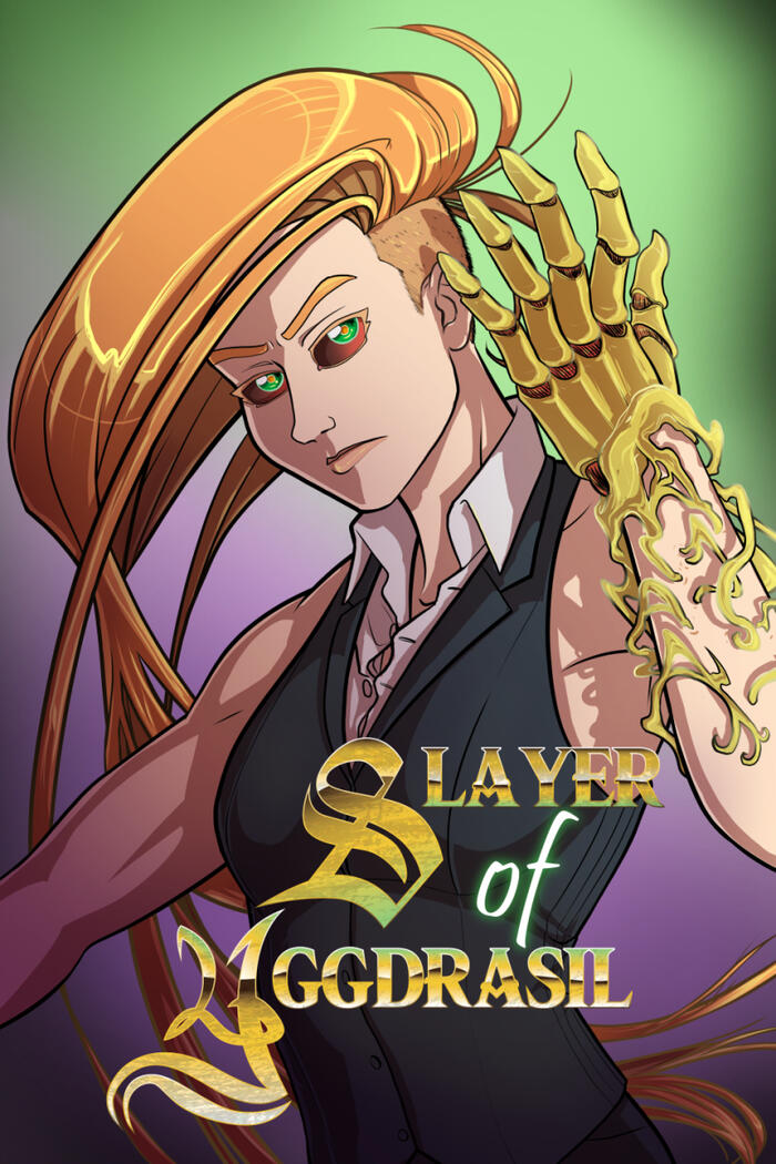 Slayer of Yggdrasil Cover Digital drawing of a woman with very long hair that is shaved on the side and back. Her hair is whipping in the wind. She wears a bartender outfit with no sleeves. Her left hand is in the air as a metal gauntlet emerges from her flesh to become armor on he