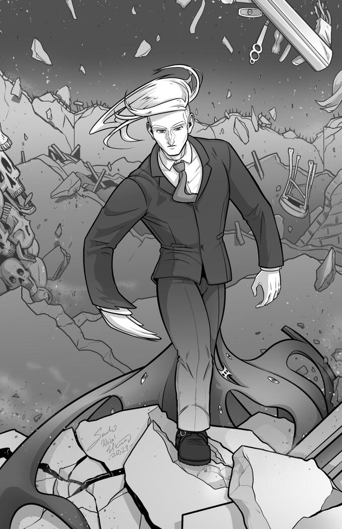 Page from Book of CoL: The Ember Child Chapter 10 Digital illustration of a pile of rubble that was once the nightclub called "Stick Shifter's." Debris rains from the sky, including a bar tap and stool, as a broad shouldered buff figure in a dark suit and tie steps forward. This figure is Detective Page S