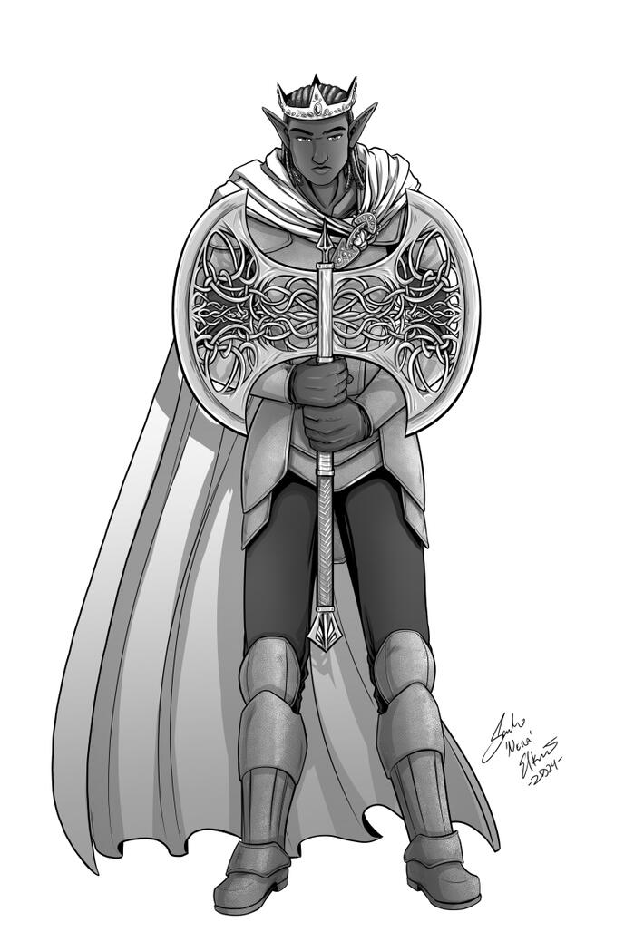 King Nygard with the axe, Aettartangi, from Slayer of Yggdrasil Chapter 05 Digital art of a handsome dark skinned elf king with dreads. He wears leather armor and a cloak as well as a crown and holds a huge double bladed axe in front of himself. The blades of the axe are made out of hundreds of interwoven metal vines, so you can