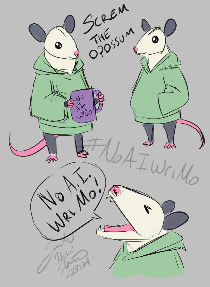 Screm the Opossum, No A.I. WriMo Mascot Digital sketches of a cartoon Virginia opossum wearing a mint green hoodie. In first sketch they are holding a purple mug that says "NoAIWriMo." In the second sketch they have both hands in the pouch of their hoodie. The bottom sketch is a close up of thei