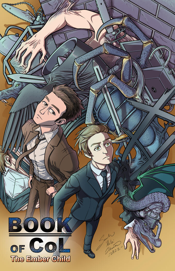 Book of CoL: The Ember Child Cover Two figures wearing suits look up at the camera. The person on the left has on a messy brown suit and tie, his short hair is also a mess. This is Detective Eugene Windgate. The person next to him wears a blue-sh black suit and tie. Their hair is a lighter